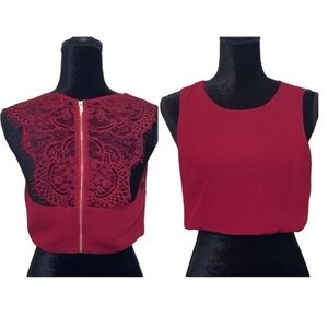 LULU'S Sweet Burgundy Lace Inserts Zip Back Crop Top Crewneck Blouse Size MEDIUM